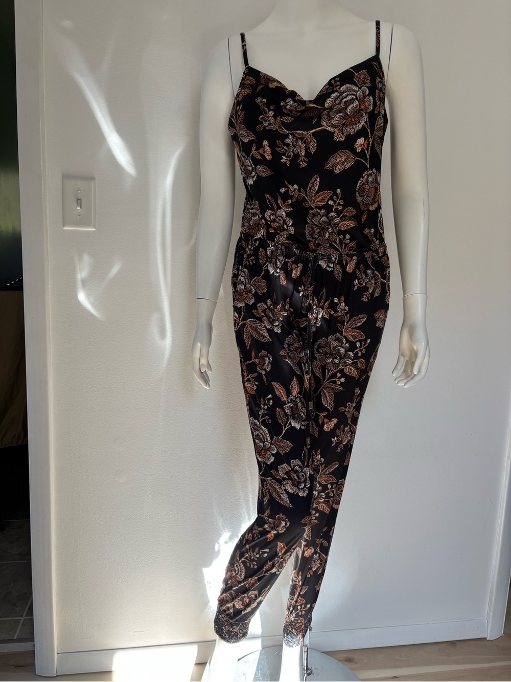 Veronica M Black Jumpsuit with Copper Floral Print